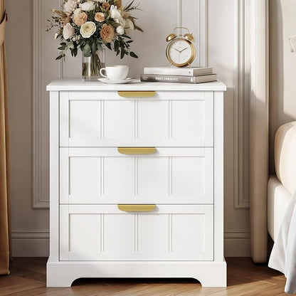 ChooChoo White Nightstand Set of 2, 3 Drawer Night Stand with Charging Station, Larger Bedside Table with USB-C, Modern End Table with Storage for Bedroom