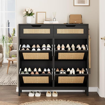 Jocoevol Rattan Shoe Cabinet for Entryway, Boho Shoe Storage Cabinet with 4 Flip Drawers and 2 Drawers, Narrow Freestanding Shoe Rack with Metal Legs for Entryway/Hallway/Foyer (Black)