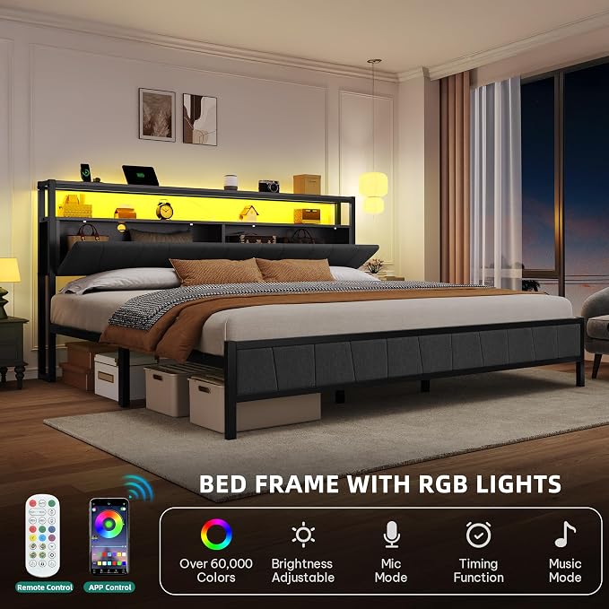 YITAHOME Queen Bed Frame with Storage Headboard, LED Upholstered Platform Bed with Charging Station, Metal Slats, No Box Spring Needed, Easy Assembly - Gray