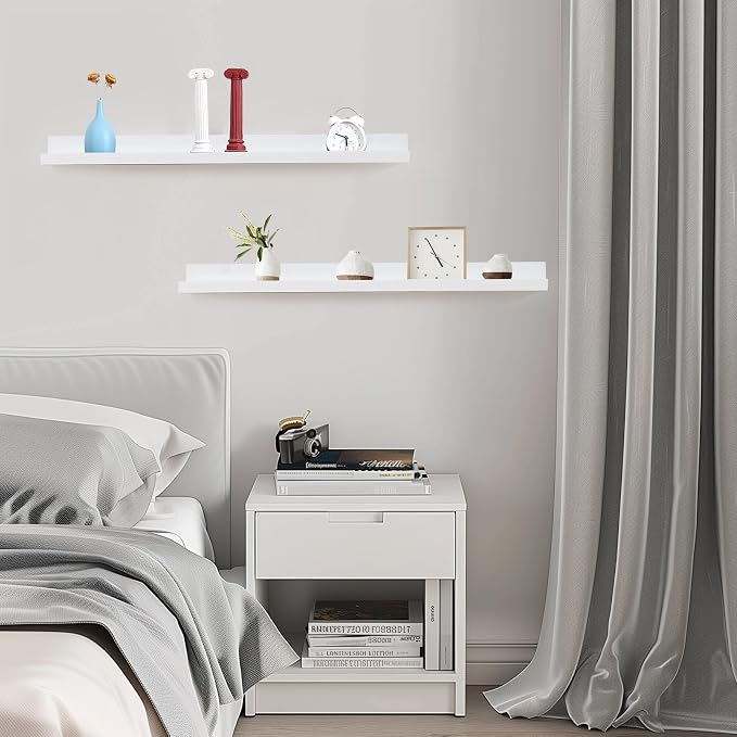 Muzilife 35.4" Large Floating Wall Ledge Shelves with Lip - Set of 2 Wood Floating Shelves - White Wall Mounted Picture Ledge for Office, Bathroom, Bedroom, Living Room, Kitchen