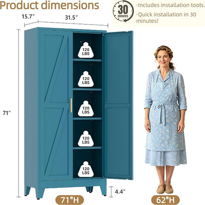 71”H Metal Kitchen Pantry Cabinet, Pantry Cabinets with 2 Doors and 4 Shelves, Kitchen Cabinet for Kitchen, Dining Room, Living Room and Bathroom, Blue
