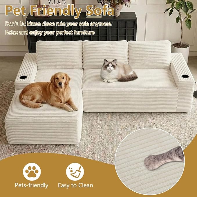 104" Cloud Sectional Couch L-Shaped with Side Pockets Cup Holders, Corduroy Boneless Couch for Living Room,Upholstered Deep-Seat Modular Sectional Sofa, No Assembly Required (White,Left Facing Chaise)