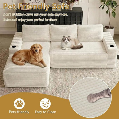 104" Cloud Sectional Couch L-Shaped with Side Pockets Cup Holders, Corduroy Boneless Couch for Living Room,Upholstered Deep-Seat Modular Sectional Sofa, No Assembly Required (White,Left Facing Chaise)