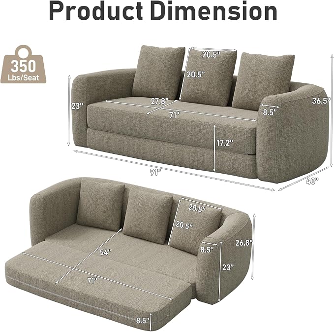 Curved Convertible Futon Sofa Bed,Modern Boneless Sleeper Couch,Curved Modern 3 Seater Cloud Couch