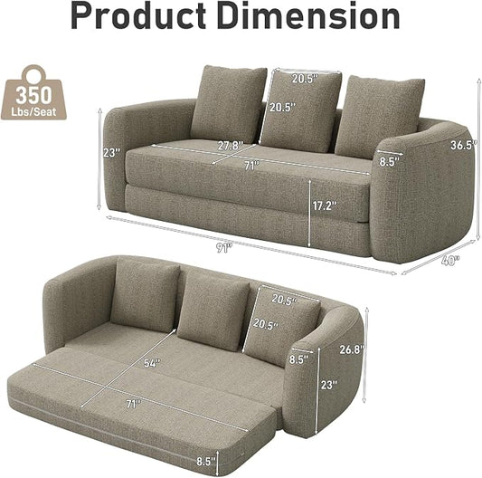 Curved Convertible Futon Sofa Bed,Modern Boneless Sleeper Couch,Curved Modern 3 Seater Cloud Couch