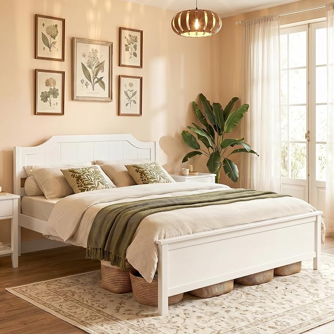 Giantex Queen Size Wooden Bed Frame with Headboard, Wood Slat Support | Farmhouse Platform Bed with Heavy Duty Mattress Foundation, Under-Bed Storage, No Box Spring Needed, Easy Assembly (White)