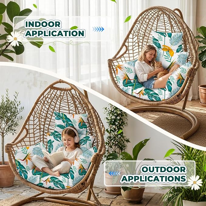 Waterproof Egg Chair Cushion Replacement 47x31.5x4.7 inch Thicken Hanging Egg Swing Chair Cushion IndoorUthem Outdoor Wicker Rattan Hammock Basket Cushion with Headrest Pillow, Yellow-Green Leaf