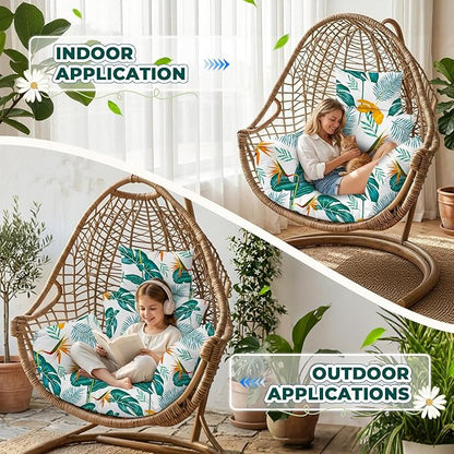 Waterproof Egg Chair Cushion Replacement 47x31.5x4.7 inch Thicken Hanging Egg Swing Chair Cushion IndoorUthem Outdoor Wicker Rattan Hammock Basket Cushion with Headrest Pillow, Yellow-Green Leaf