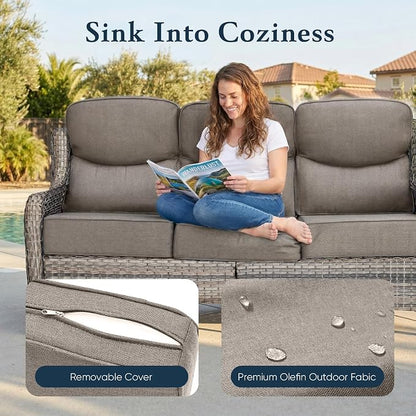 Belord Luxury 6" Thick Cushioned PE Wicker 3-Seater Outdoor Couch, All-Weather Comfortable Modern Patio Sofa, High Back Deep Seat Woven Outdoor Furniture for Porch Balcony, Lawn, Deck - GreyGrey