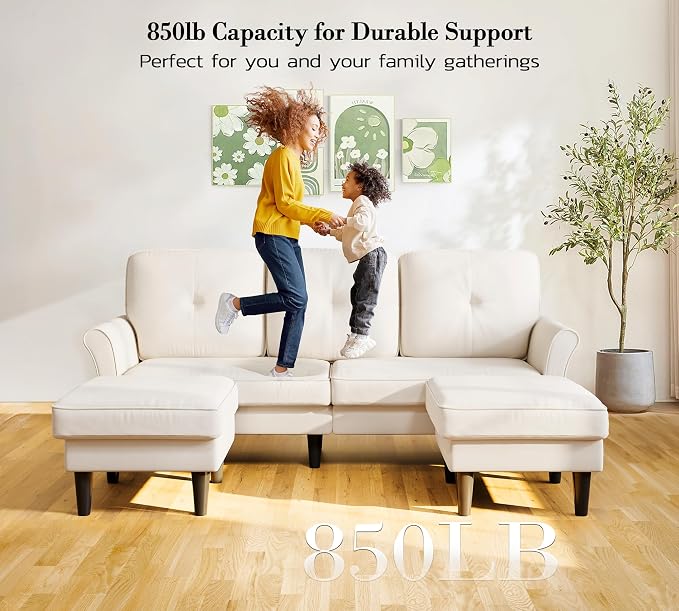 Small Sectional Couch, 83" U Shaped Couch, Comfy Velvet Couches for Living Room, Tool-Free Setup Modular Sectional Sofa, 850lbs Load Sofas for Living Room with 2 Movable Ottomans, White Couch