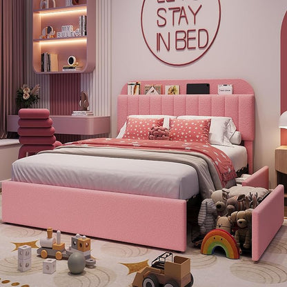Garvee Queen Size Bed Frame with 2 Flexible Drawers, Boucle Upholstered Platform Bed Frame with Bookcase Headboard, Bedframe for Kids/Girls, Easy Assembly, No Box Spring Needed, Noise Free, Pink