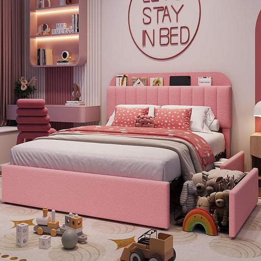 Garvee Queen Size Bed Frame with 2 Flexible Drawers, Boucle Upholstered Platform Bed Frame with Bookcase Headboard, Bedframe for Kids/Girls, Easy Assembly, No Box Spring Needed, Noise Free, Pink