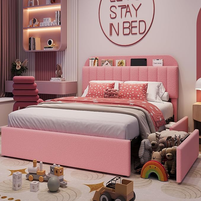 Garvee Full Size Bed Frame with 2 Flexible Drawers, Boucle Upholstered Platform Bed Frame with Bookcase Headboard, Bedframe for Kids/Girls, Easy Assembly, No Box Spring Needed, Noise Free, Pink