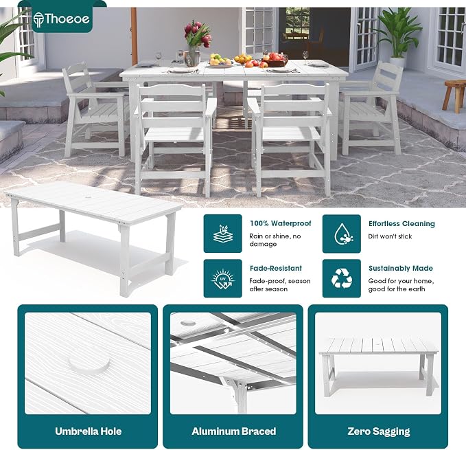 THOEOE 5 Piece Outdoor Dining Set, Patio Dining Table and 4 Chairs, All-Aluminum Frame, All-Weather HDPE Outdoor Furniture with Umbrella Hole for Garden, Lawn, Poolside, White