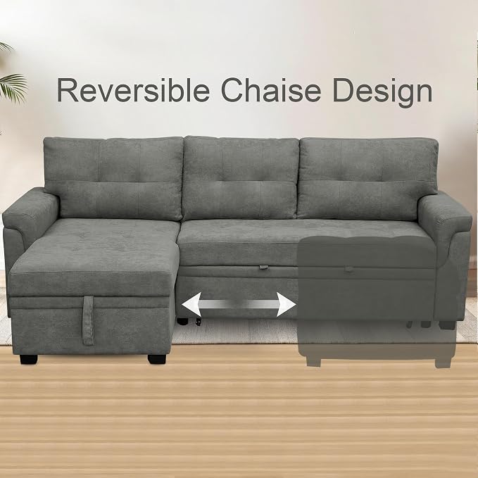 Naomi Home 84" L-Shaped Sectional Sleeper Sofa with Pull Out Bed | Sleeps Guests Comfortably, Stores Essentials in Chaise & Saves Space, Velvet, Gray Convertible Sofa Bed