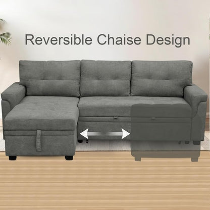 Naomi Home 84" L-Shaped Sectional Sleeper Sofa with Pull Out Bed | Sleeps Guests Comfortably, Stores Essentials in Chaise & Saves Space, Velvet, Gray Convertible Sofa Bed