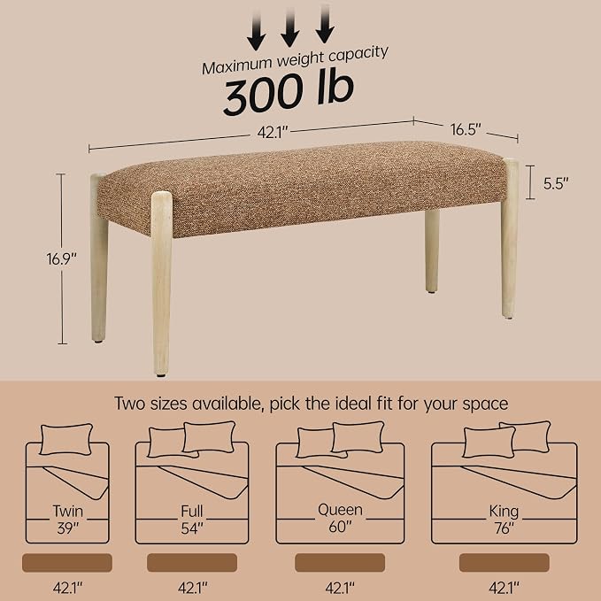 Usaint 42" End of Bed Bench, Modern Upholstered Bedroom Bench with Rubberwood Legs, Entryway Bench with Cushion, Dining Bench for Living Room, Bedroom, Orange with Oak Leg