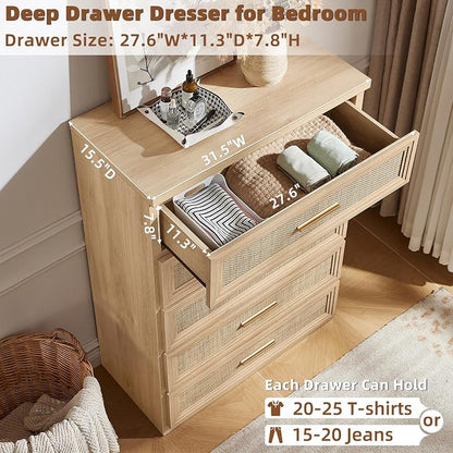 RWYHG Rattan Dresser Set for Bedroom with 5 Drawers 45" Tall Wood Closet Organizer with Metal Handle Furniture for Living Room Hallway Natural
