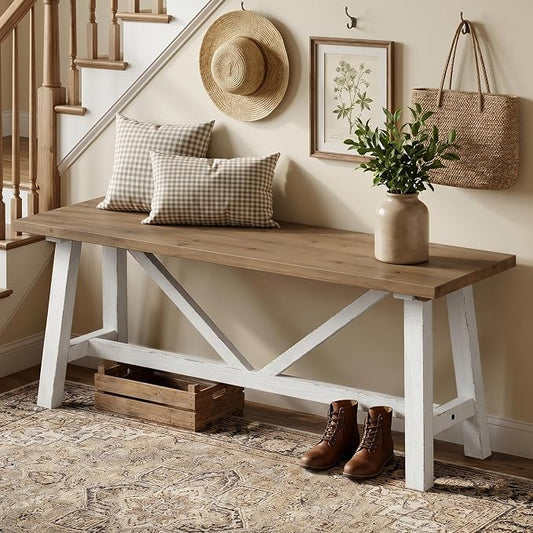 Wnutrees 43" Farmhouse Solid Wood Bench, Narrow Long Seat for Entryway Living Room Dining Area, White