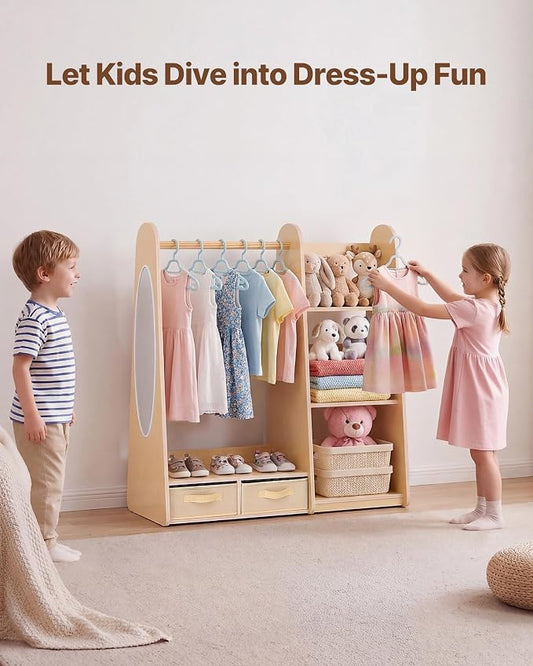 VEVOR Kids Dress Up Storage, with Mirror, Dress Up Closet, Toddler Wardrobe Closet for Little Girls, Armoire with Shelves & Bottom Tray, Costume Organizer, Toddler Room Furniture, for Bedroom, Natural