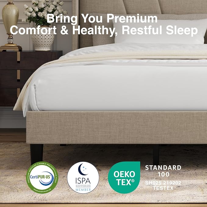 Novilla King Bed Frame, King Bed Frame with Headboard, Linen Upholstered Wing Side Headboard, No Box Spring Needed, Heavy Duty Feet, Easy Assembly, Beige