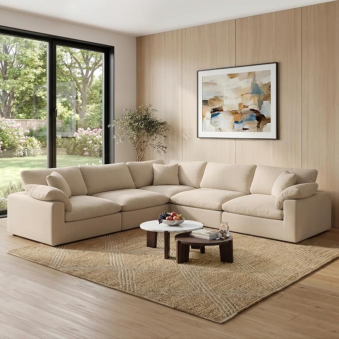 211.6" Cloud Modular Sectional Sofa,Khaki Down Filled Sofa 5 Seat,Minimalist Sofa Cover Washable and Replaceable Couches for Living Room,Sectional Sofa Deep Seat