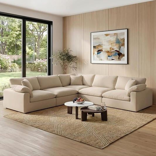 211.6" Cloud Modular Sectional Sofa,Khaki Down Filled Sofa 5 Seat,Minimalist Sofa Cover Washable and Replaceable Couches for Living Room,Sectional Sofa Deep Seat