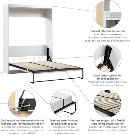 Bestar Pur Queen Murphy Bed, 65-inch Space-Saving Sleeping Arrangement for Multipurpose Area, Bedroom, Guest Room, or Living Room
