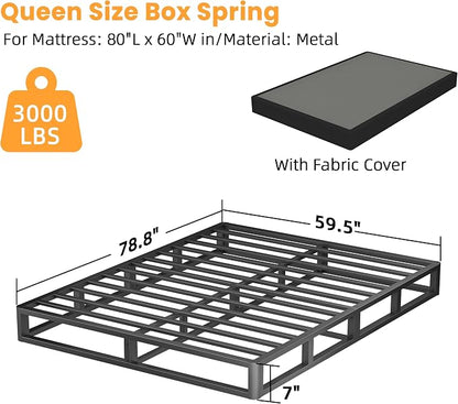 VIPSHOW 7 Inch Queen Metal Box Spring with Round Corners - 3000 lbs Capacity, High Profile Heavy Duty Mattress Foundation with Steel Slats, Noise-Free, Easy Assemble, Black