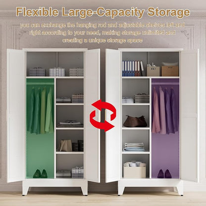 Washsemba 71'' Farmhouse Metal Wardrobe Cabinet with Hanging Rod, 2 Barn Door Wardrobe Closet with 5 Adjustable Shelves,Drawer,for Dining Room,Bedroom,Living Room, Cloak Room,Office (White)