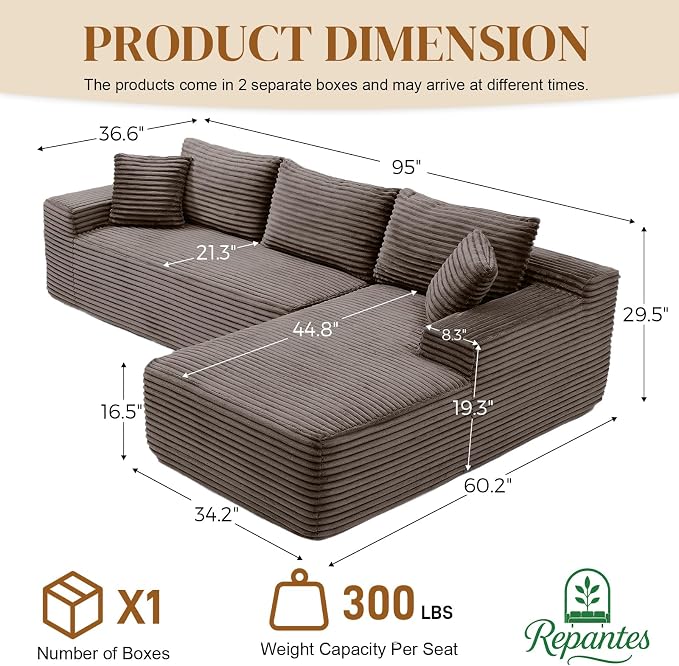 95" L Shaped Boneless Sectional Couches, Wide Armrest, Deep Seat, Memory Foam, Assembly Free, Modern Comfy Corduroy Fluffy Cloud Sofa with Right Chaise for Living Room, Small Spaces, Brown