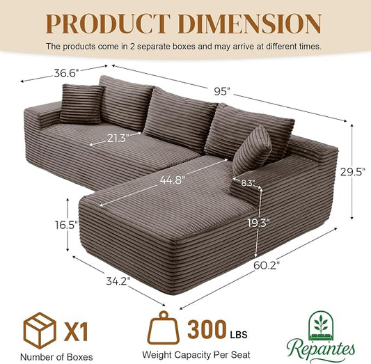 95" L Shaped Boneless Sectional Couches, Wide Armrest, Deep Seat, Memory Foam, Assembly Free, Modern Comfy Corduroy Fluffy Cloud Sofa with Right Chaise for Living Room, Small Spaces, Brown