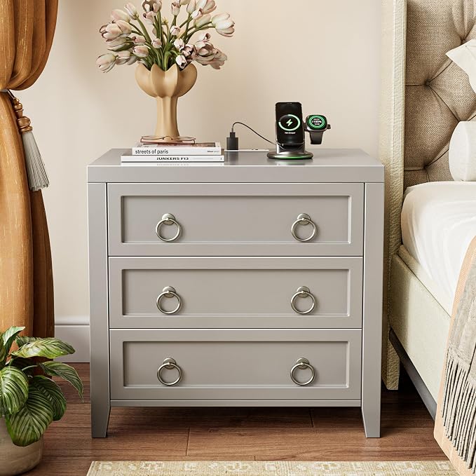 Huuger Paint Night Stand with Charger Station and USB-C Port, 3 Drawer Nightstands Set of 2, Larger Wider Bedside Table, Modern End Table, for Bedroom, Grey Nightstand