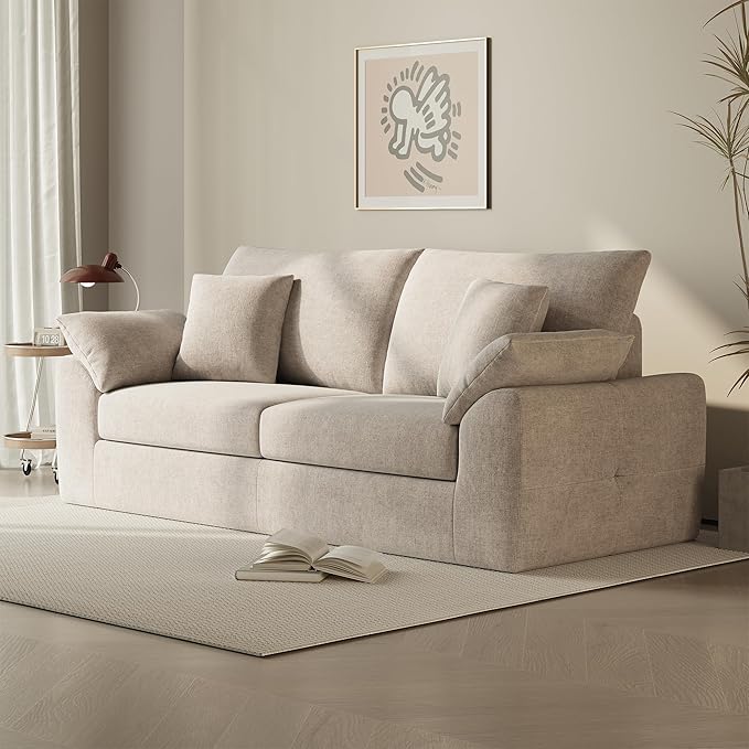 90" Boneless Loveseat Sofa, Polyester Fabric 2-Seater Couch with 4 Pillows, No Assembly Required, Soft High Density Foam Cushion, Rectangular Track Arm Sofa for Living Room Bedroom Apartment (Camel)