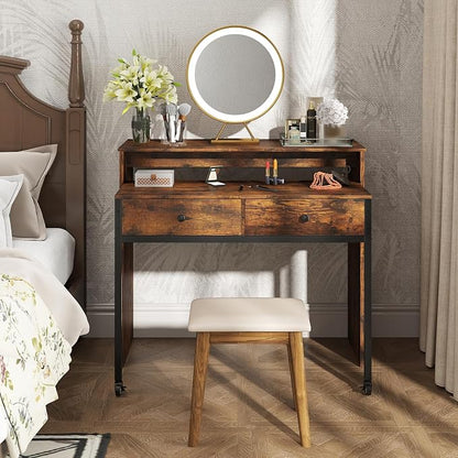 Giantex Small Computer Desk with Hutch & Drawers, Extendable Writing Desk w/Pull Out Secondary Table, Monitor Stand & Rolling Wheels, Console Table, Compact Desk for Small Spaces (Rustic Brown)