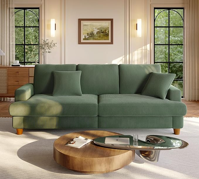 Welzona 87.2" Couches for Living Room, Comfy Green Couch 7.5" Extra Thick Cushion, Sofas for Living Room Tool-Free Setup, Loveseat Sofa 848lbs Support, Corduroy Couch for Bedroom, Apartment, Office