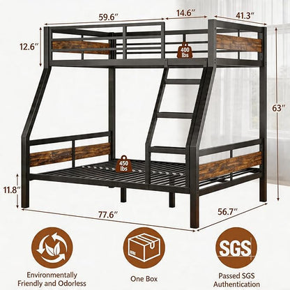 Einhomn Bunk Bed Twin Over Full, Heavy Duty Metal Bed with Ladder and Full-Length Guardrail, Large Under-Bed Storage Space, No Box Spring Needed, Noise Free, Rustic Brown