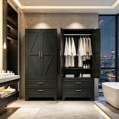 71" H Black Armoire Wardrobe Closet with Drawers,Metal Wardrobe Closet with Doors and Shelves,Tall Wardrobe Closet for Bedroom