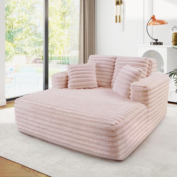 JEEOHEY 56" Oversized Chaise Lounge Chair Indoor,Plush Faux Fur Sleeper Sofa Couch Bed with Pillows&Wide Armrests,Fluffy Comfy Cloud Couch,Compression Foam Couch for Living Room,Bedroom(Pink)