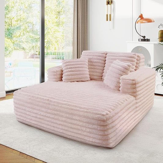 JEEOHEY 56" Oversized Chaise Lounge Chair Indoor,Plush Faux Fur Sleeper Sofa Couch Bed with Pillows&Wide Armrests,Fluffy Comfy Cloud Couch,Compression Foam Couch for Living Room,Bedroom(Pink)