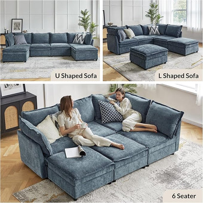 HULALA HOME Oversized Modular Sectional Sofa, 8 Seat U Shaped Couch with Storage Ottoman, Comfy Chenille Sofa with Deep Seat, Convertible Sectional Couches for Living Room, Blue