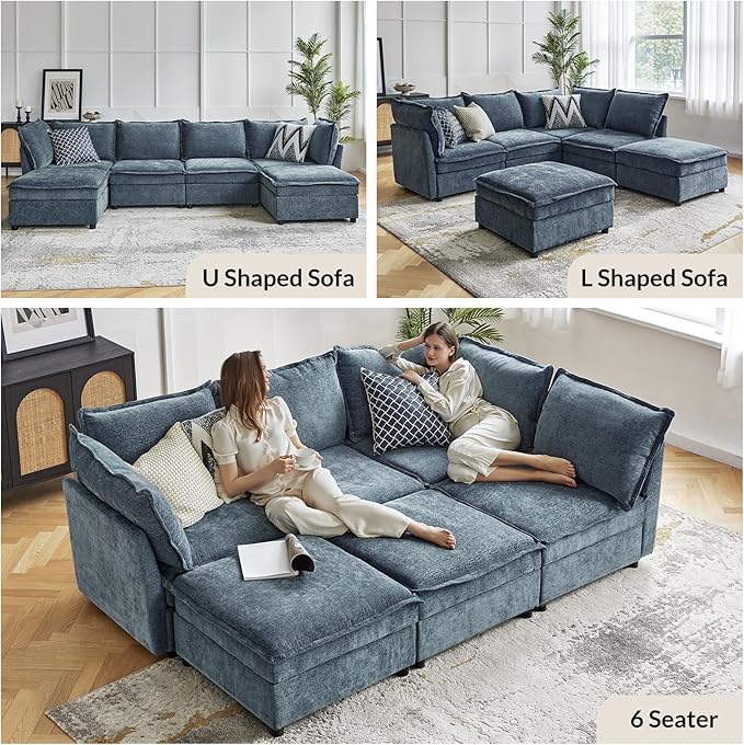 HULALA HOME 97'' Modular Sectional Sofa, L Shaped Couch with Storage Ottoman, Comfy Chenille Sofa with Deep Seat, 4 Seat Convertible Sectional Couches for Living Room, Blue
