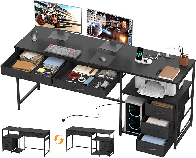 YOSHOOT 60" Computer Desk with 5 Fabric Drawers, Gaming Desk Table | Desk with Storage and Power Outlets, for Adults and Teenagers Working Writing Study, Black