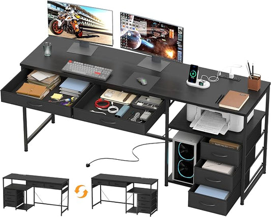 YOSHOOT 60" Computer Desk with 5 Fabric Drawers, Gaming Desk Table | Desk with Storage and Power Outlets, for Adults and Teenagers Working Writing Study, Black