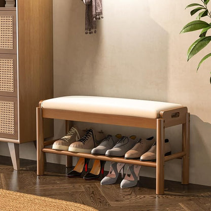 Entryway Shoe Storage Bench, 2-Tier Wood Shoe Rack with Cushion, Padded Seat Entryway Organizer with Shelf & Hidden Storage for Entry, Hallway, Living Room, Bedroom, Closet (Walnut, 31.5")