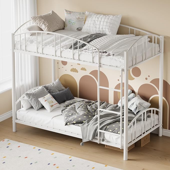 GarveeHome Metal Bunk Bed Twin Over Twin, Heavy Duty Bunkbeds Frame with Arched Guardrail and Safety Ladder, Sturdy Steel Bed for Kids Boys Girls, Space-Saving, No Box Spring Needed, Modern White