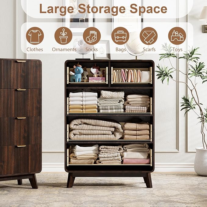 QUW Fluted 5 Drawers Dresser for Bedroom, Modern 40.2" Tall Drawer Dressers with Metal Handle, Wooden Chest of Dresser for Living Room, Hallway, Solid Wood Legs, Curved Profile Design, Dark Walnut