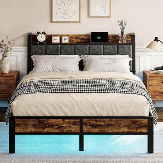 Liians Full Size LED Bed Frame with Charging Station and Storage Headboard, Metal Platform Bed, No Box Spring Needed, Easy Assembly, Noise Free