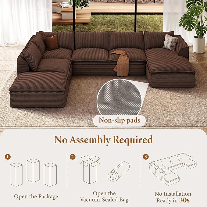 Vesgantti 141.7" Oversized Modular Sectional Sofa, Modern 7 Seater Boneless Couch with Chaise and Ottoman, Deep Seat Plush Corduroy Cloud Style for Living Room, No Assembly Required,Brown