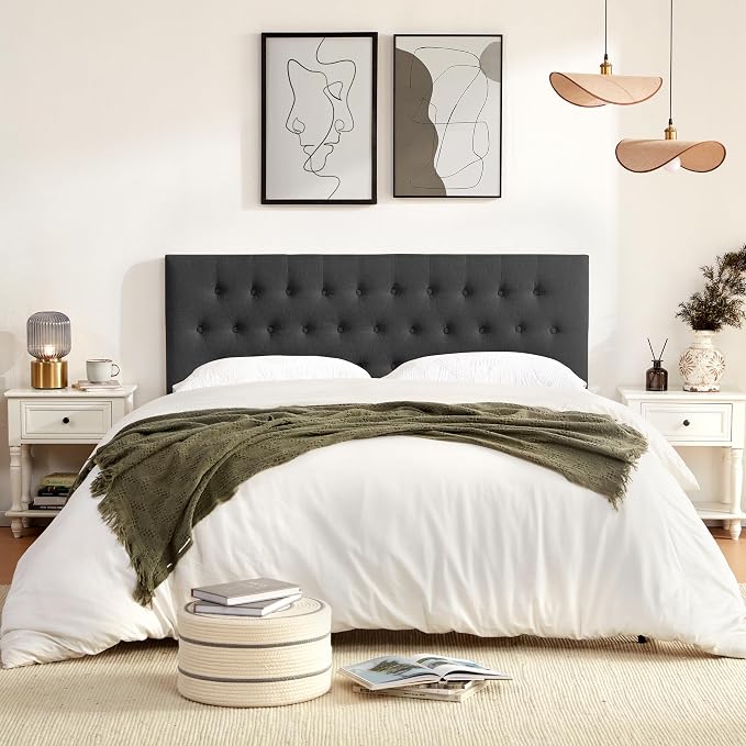 Upholstered Headboard California King, Adjustable Height 37''- 51'', Black | Sturdy Durable Solid Wood Bed Headboard, Tufted Fabric California King Headboard, Modern Button Diamond Design Head Board